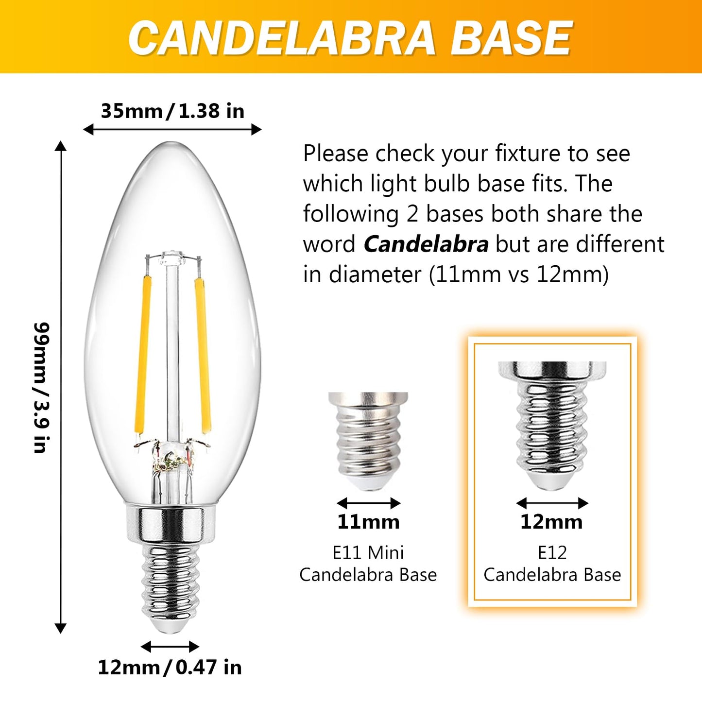 Ascher E12 Led Candelabra Bulb, 4W Equivalent 40W, Warm White 2700K, Clear Glass, Pack Of 5