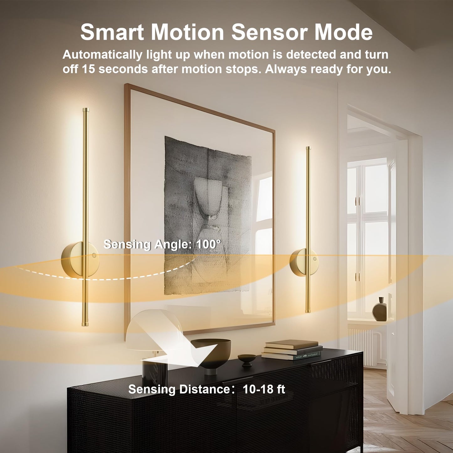 Motion Sensor Battery Operated Wall Sconce Set Of Two - Modern Rechargeable Wireless Wall Lights With Remote Control  Dimmable  3000K/4000K/6000K  Timer For Living Room  Hallway 23.6 Inch  Gold