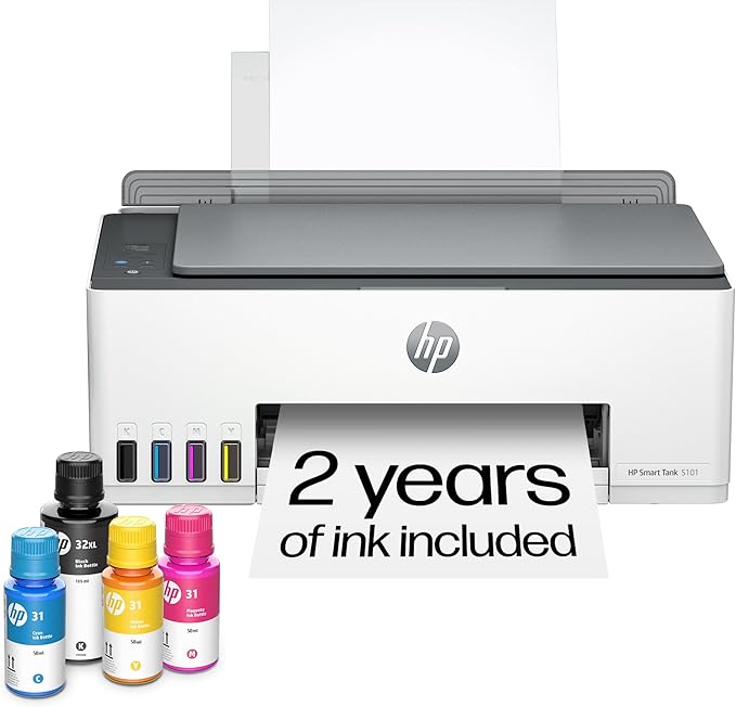 HP Smart Tank 5101 Wireless All-in-One Refillable Printer, Scanner, Copier with 2 years of Ink included, Wireless printer-...