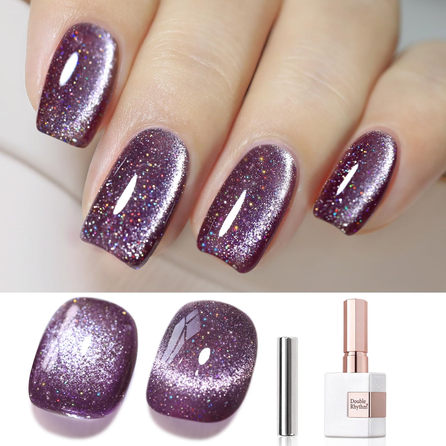 Double Rhythm 0.5 OZ Cat Eye Gel Polish with Magnet 15ML Holographic Glitter Shimmer Translucent Jelly Color Magnetic Nail Polis