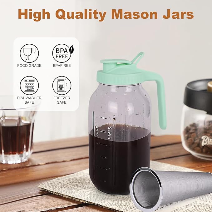 Cold Brew Coffee Maker，64 oz Wide Mouth Mason Jar Pitcher with Stainless Steel Filter, Pour Spout Handle Lid, Heavy Duty Glass Airtight & Leak-Proof for Iced Coffee Tea & Lemonade-Green