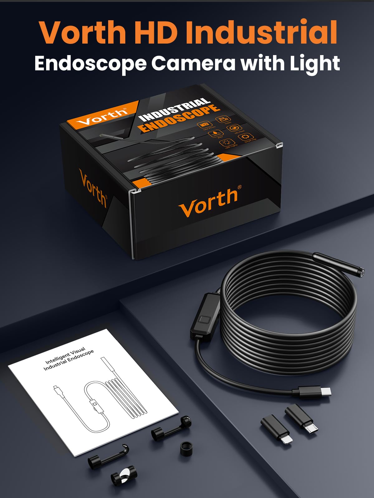 Vorth Endoscope Camera with Light, 1920P HD Borescope with 8 LED Lights, 16.5 FT Semi-Rigid Snake Inspection Camera, IP67 Waterproof Drain Pipe Borescope Mens Tool for iOS and Android