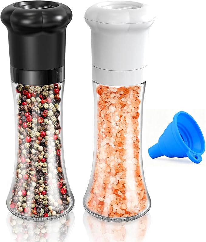 CIRCLE JOY Manual Salt and Pepper Grinder Set For Professional Chef, Refillable Salt and Pepper Shakers with Ceramic Blades, Adjustable Coarseness and BPA-free 180ml Glass Container, Tall Black White