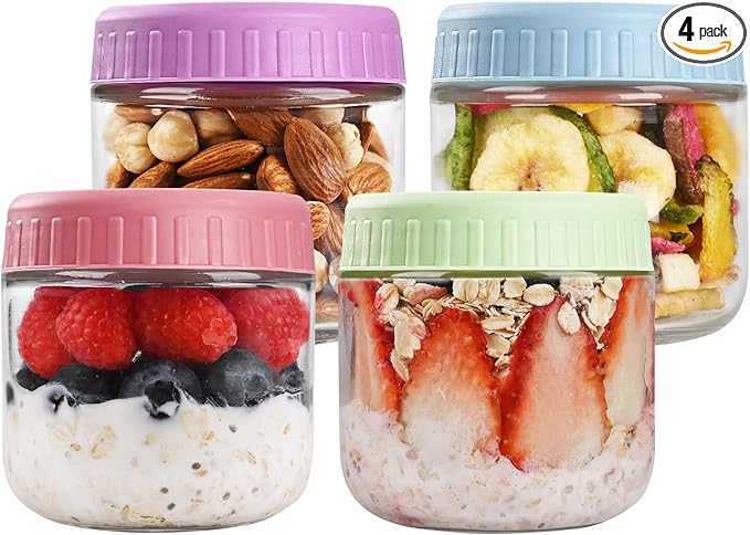 Overnight Oats Containers with Lids, 10oz Glass Jars with Lids 4 pcs, Candy, Wide Mouth Mason jars for Salad, Yogurt, Snacks, Meal Prep