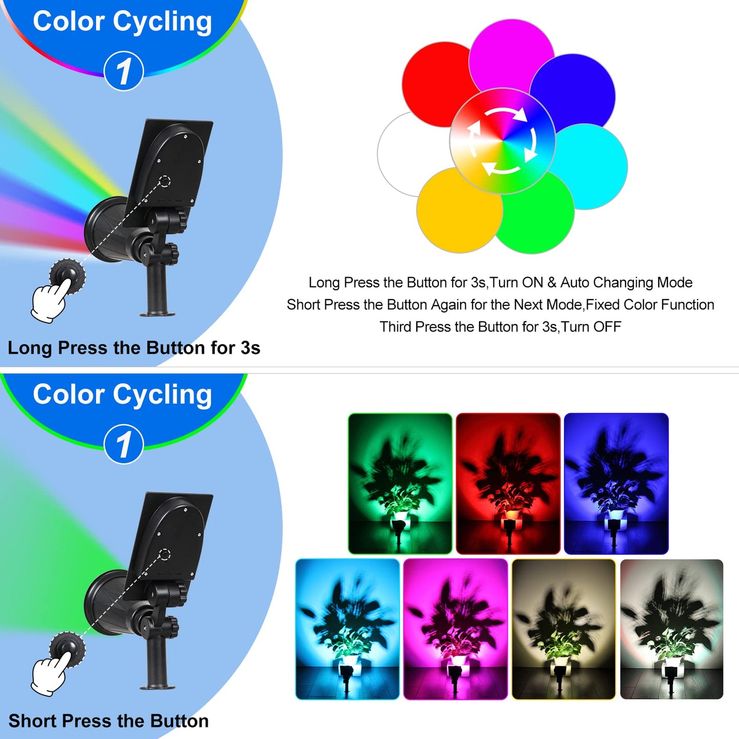 T-SUN Solar Spotlights, 7 Color Changing LED, Waterproof, 2 Pack, Model TS-G0102-7C