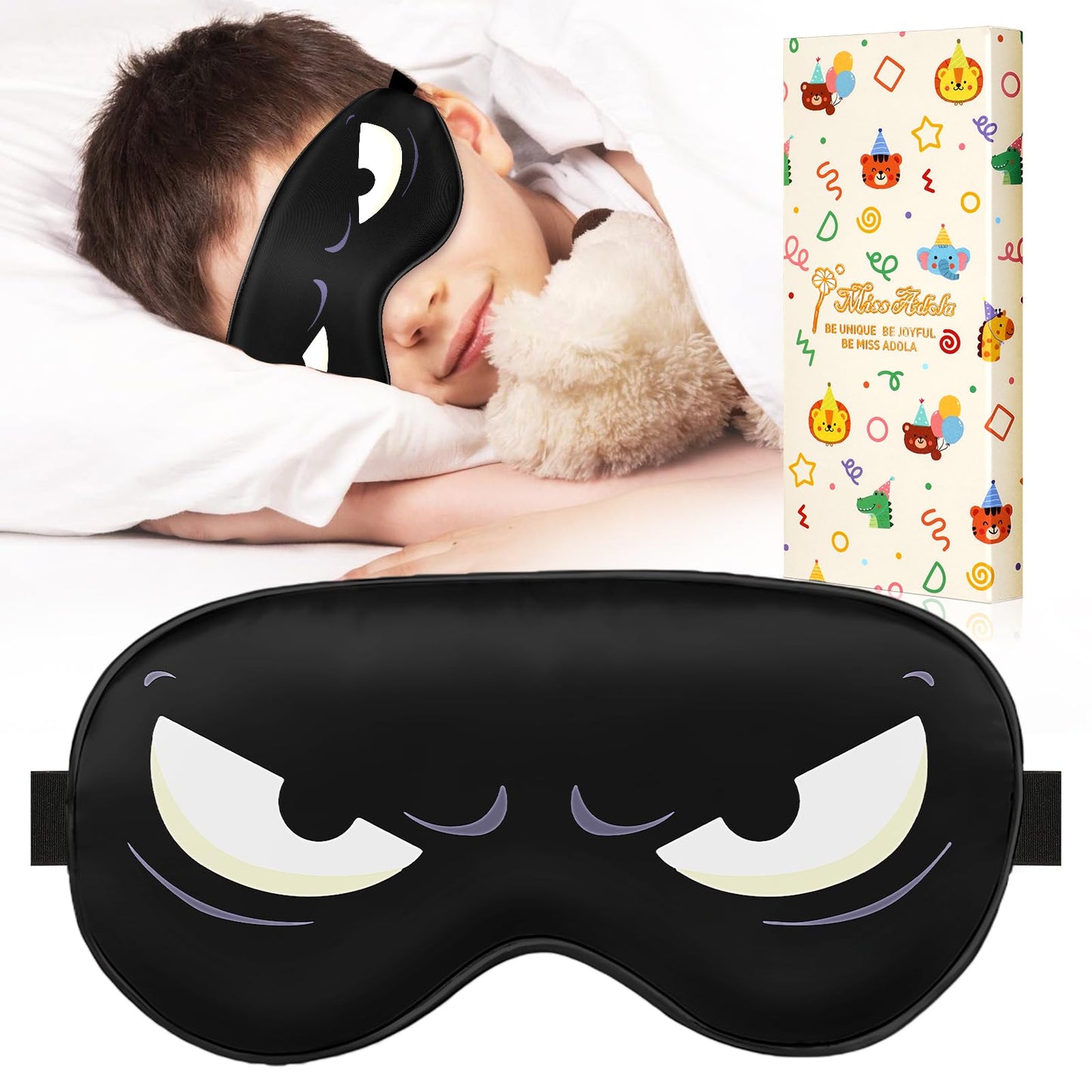 Miss Adola Sleep Mask for Kids - Silk Eye Mask for Sleeping Cute Cartoon Kids Sleep Mask for Boys Girls Teens Soft Smooth Adjustable Straps Silk Kids Eye Cover, Black White Eyes
