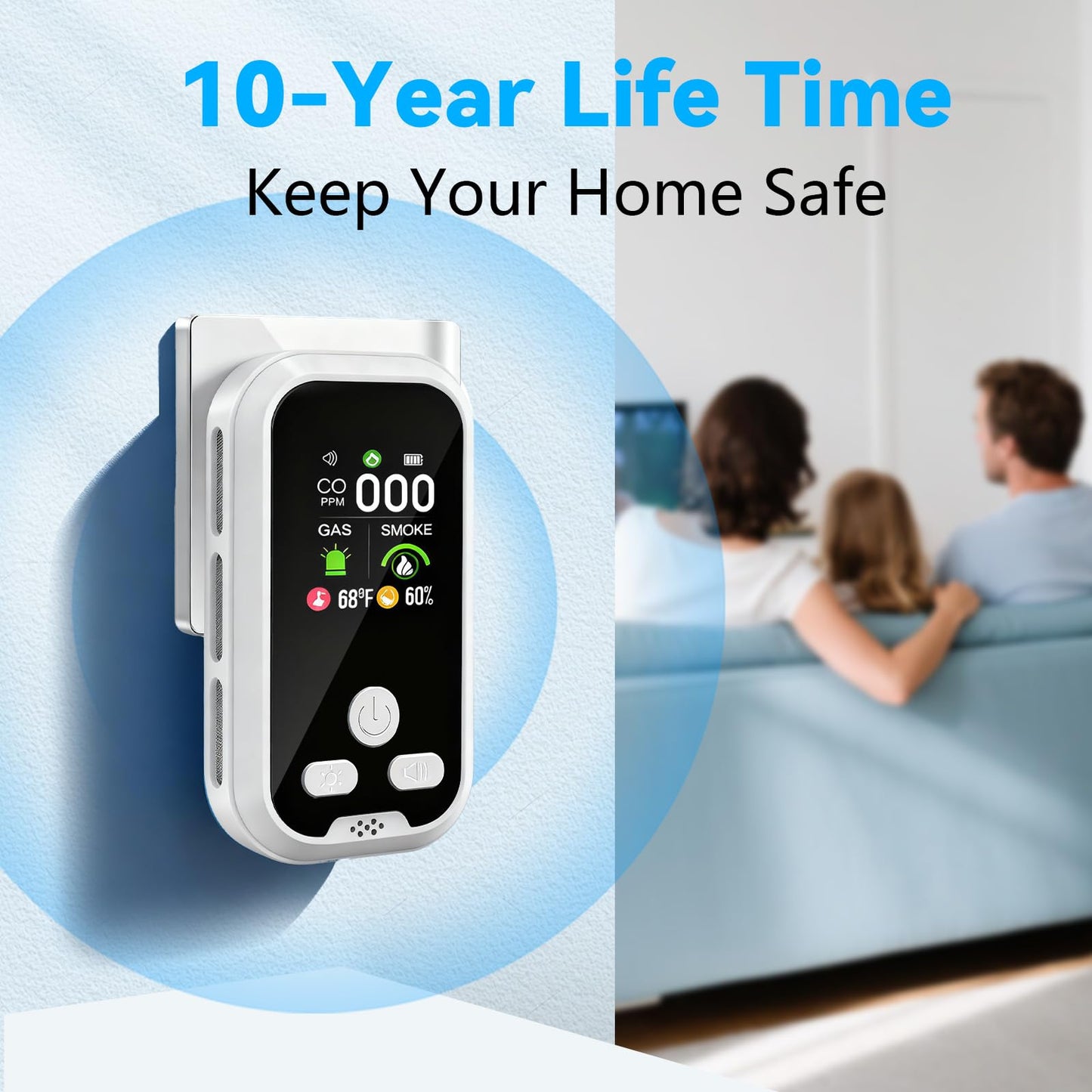 5-in-1 Carbon Monoxide Detector Combo with LCD Display, Detects CO, Natural Gas, Smoke, Temperature, Humidity for Home Hotel, Camping RV, Apartment Safety, White