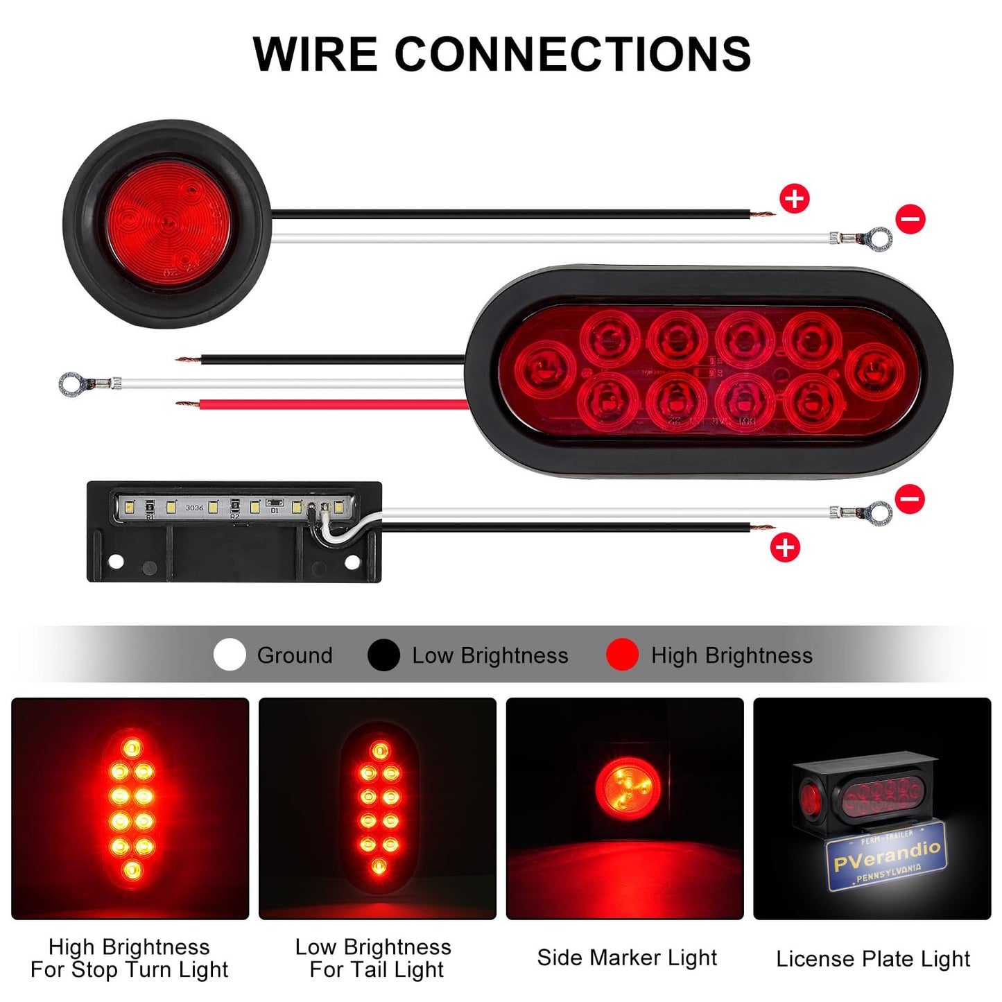 PVerandio 2PCS Steel Trailer Light Kit with 6in Oval Red LED Tail Lights, 2in Round 4 LED Side Marker, 6 LED License Plate, Red