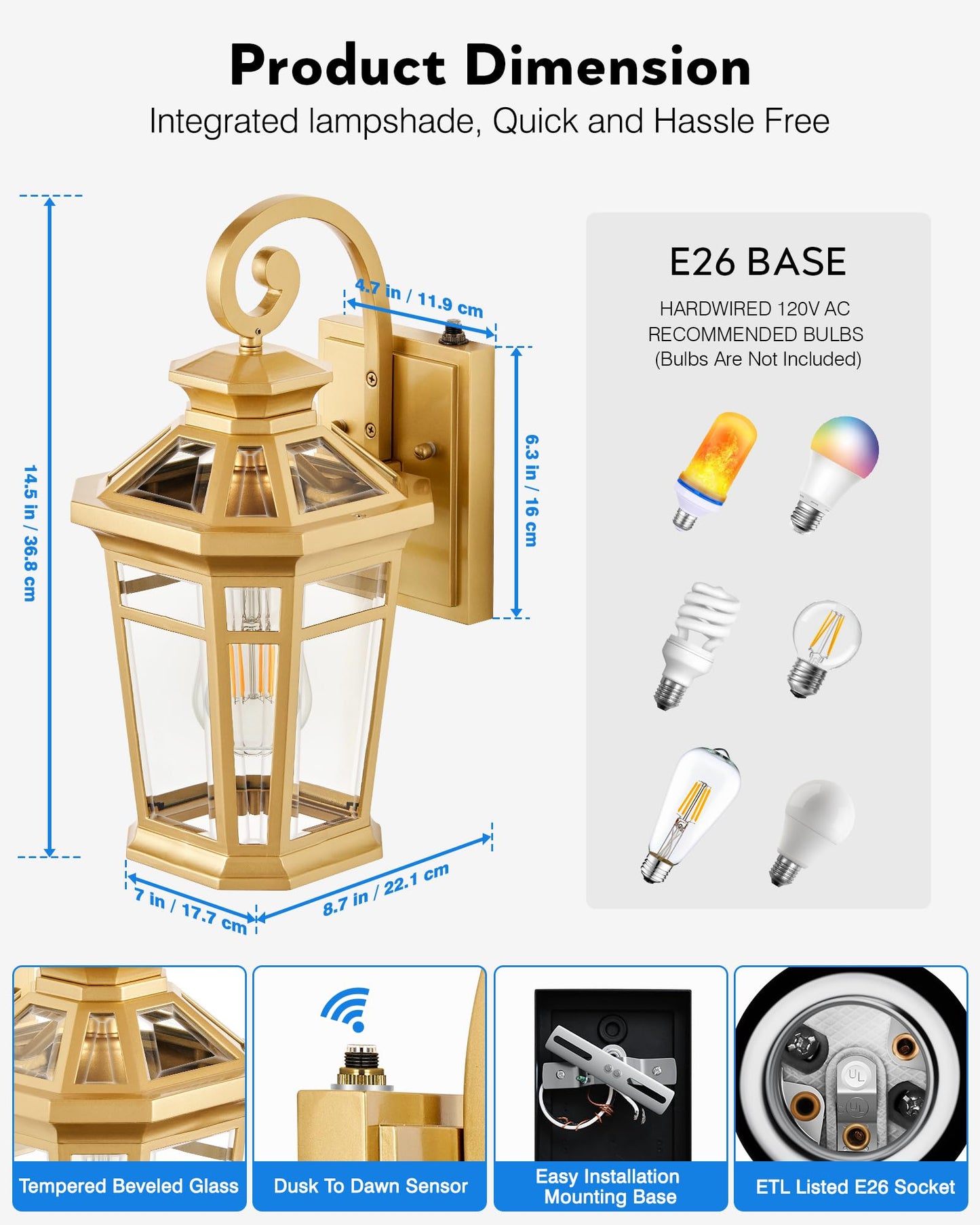 Opaxis Porch Lights Outdoor  Dusk To Dawn Exterior Lighting Fixtures  Gold Wall Lanterns Wall Mount  Waterproof Anti-Rust Outdoor Sconce Lights For Garage  Patio Wall Light Fixture With Beveled Glass