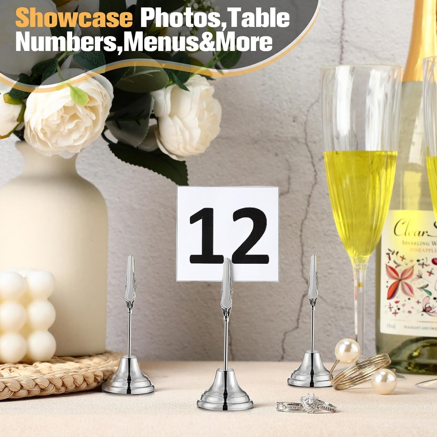 Skyygemm 12 Pcs Table Number Holders 3 Inch Place Card Holder with Alligator Clip Metal Table Card Holders Table Number Stands Table Sign Holders for Photos, Food Signs, Birthdays, Weddings (Silver)