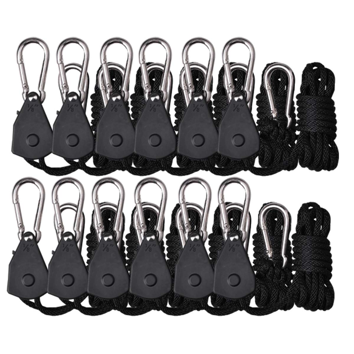 TopoGrow Adjustable Rope Hanger Ratchet Grow Light Hangers 12PCS/6 Pairs Alloy Steel 1/8in  150lb Loose-Proof Design