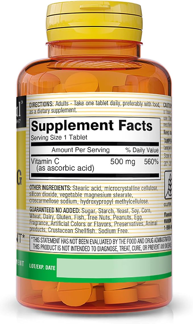 MASON NATURAL Vitamin C 500 mg - Supports Healthy Immune System, Antioxidant and Essential Nutrient, 100 Tablets (Pack of 2)