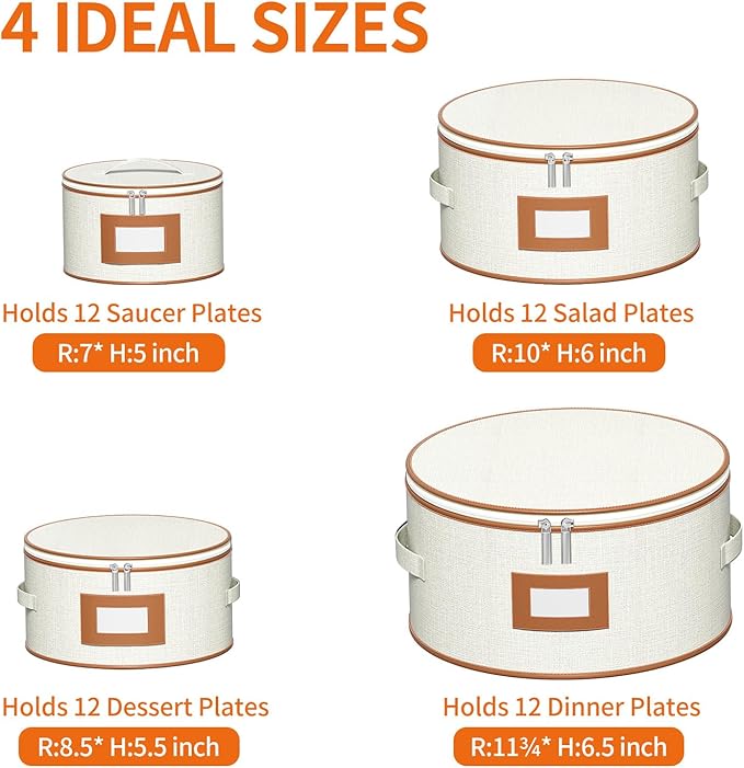 Aokeyee 4-Pack Hard Shell Dish Storage Containers with 48 Non-Woven Pads – For Plates, Dinnerware & China - Ideal for Moving & Protection, Ivory