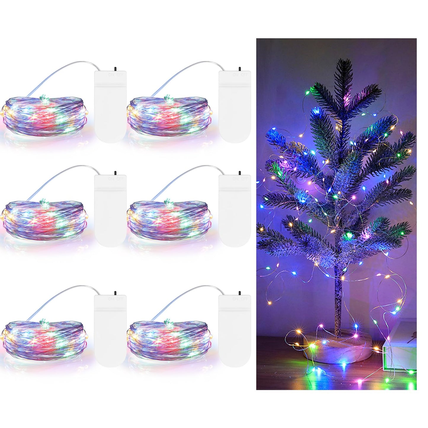 TingMiao Fairy String Lights, 20 LEDs, 7.2ft Silvery Copper Wire, Multicolor, Battery Operated, 6 Pack