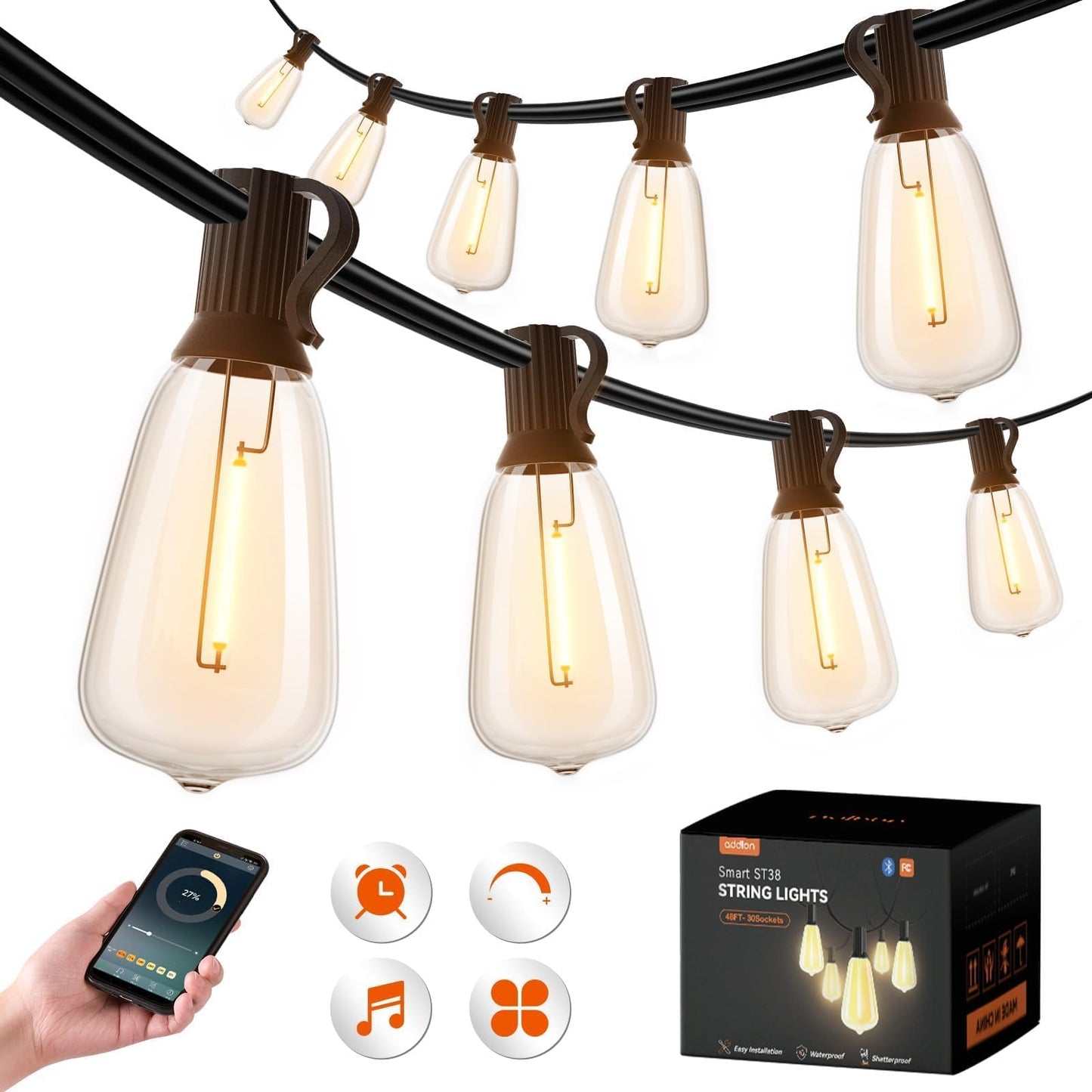 addlon 96FT Smart Outdoor String Lights, Dimmable LED Edison Bulbs, Warm White, APP Control, Music Sync, Model A09JW032901002