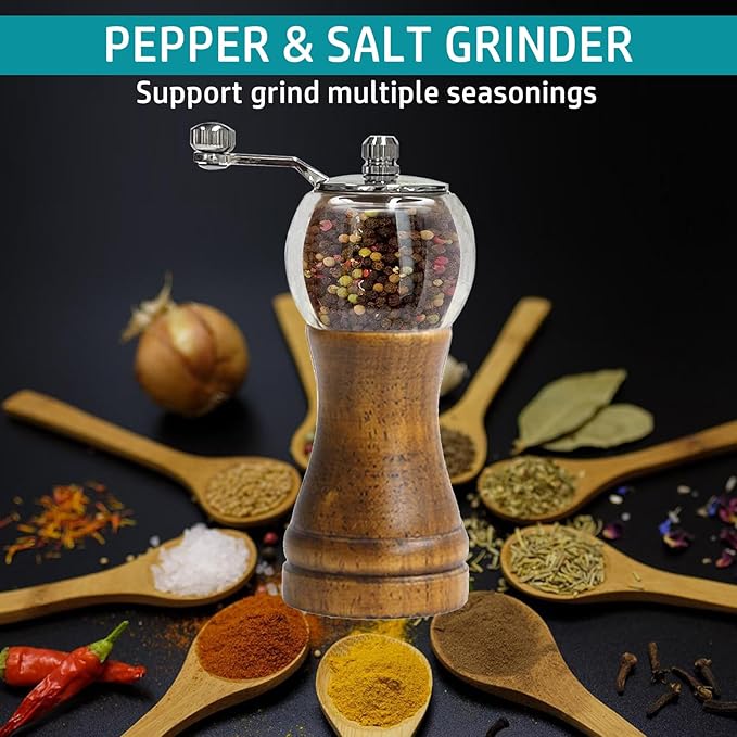 Pepper Mill Set，Manual Pepper Mills, Classical Hand Shake Wooden Pepper Grinder Set，Salt Mills，Wooden Pepper Mill，Ceramic Blades Metal Handle，Enjoy Fresh Ground Pepper (Walnut color 2pcs-6in)