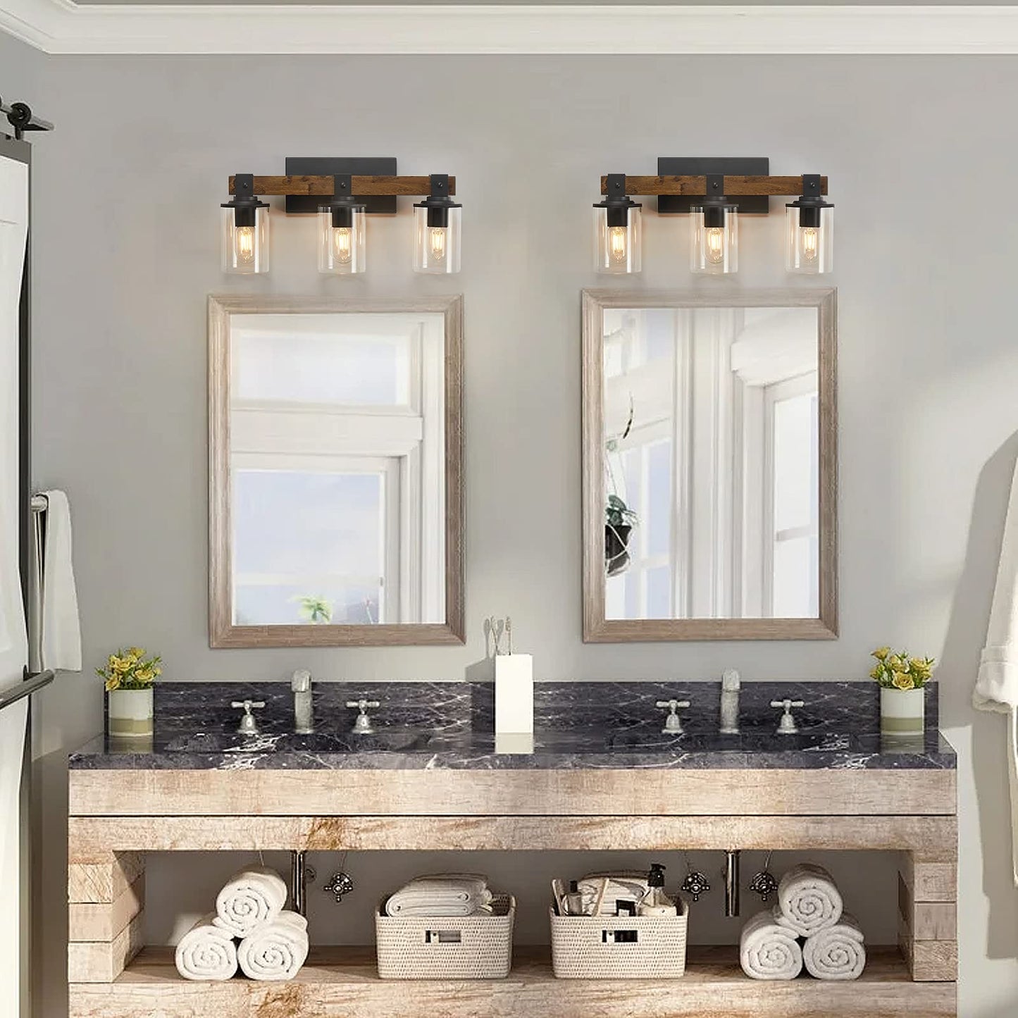 DUJAHMLAND Farmhouse Vanity Light Fixture, 3-Light Rustic Sconce, Antique Wood, Glass Shade, Model B01