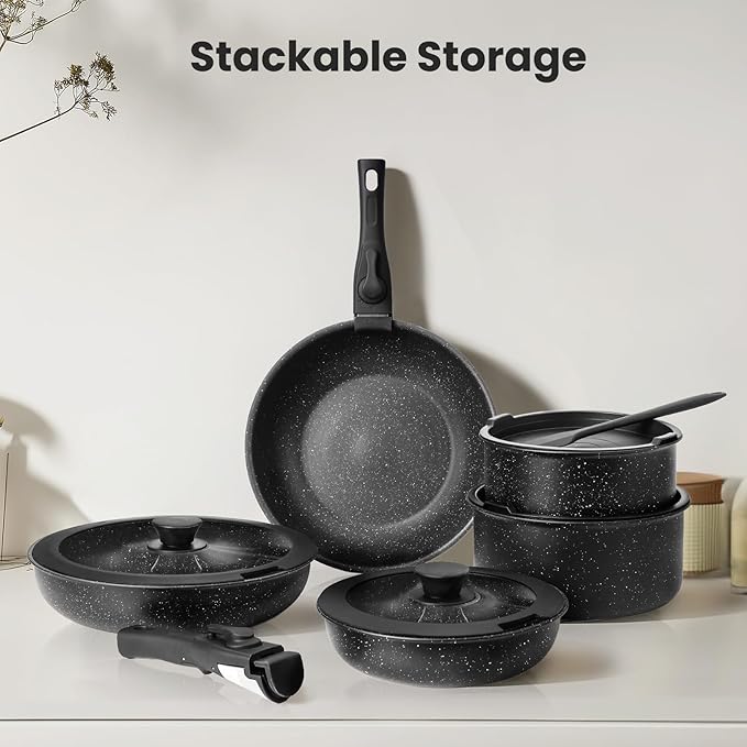 12 Pcs Pots and Pans Set, Nonstick Kitchen Cookware Sets Detachable Handle, Induction Healthy Non Stick RV Cookware, Dishwasher ＆ Oven Safe, Black