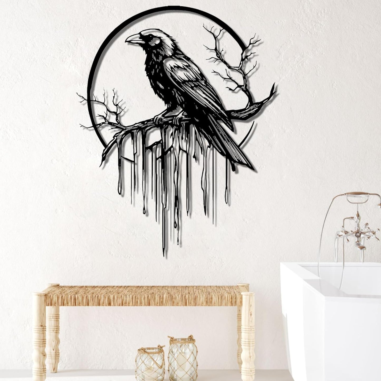 Crow Metal Wall Decor, Raven Wall Art, Large Gothic Raven Decor Hangings, Bird Wall Decor, Metal Tree Branch Decor, Ravens Sign, Raven Art for Living Room (Silver, 47"x38" | 120x96cm, metal wall art)