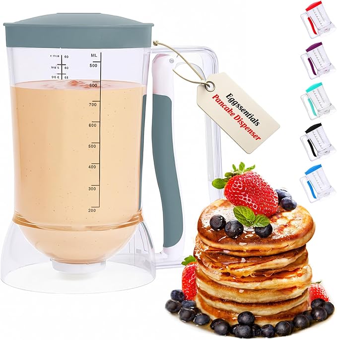 Eggssentials Pancake Dispenser – Easy Control Cake Mix Dispenser for Baking – Drip-Free Muffin & Cupcake Batter Dispenser with Handle – Great for Griddle Pancakes - Grey Color