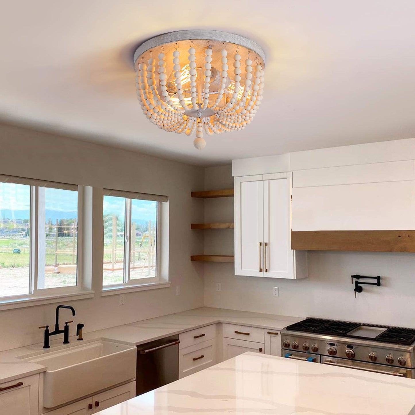 Q&S Wood Beaded Chandelier - Boho Farmhouse Light Fixture, 3 Lights, Oak White, Semi Flush Mount For Hallway, Nursery, Bedroom, Living Room