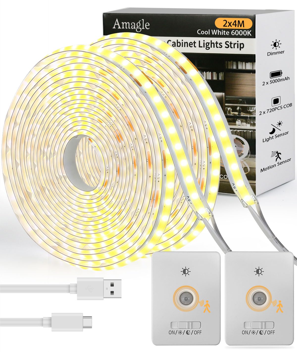 Amagle Under Cabinet Lighting Motion Sensor LED Strip, 2 Pack, 13FT, Cool White COB