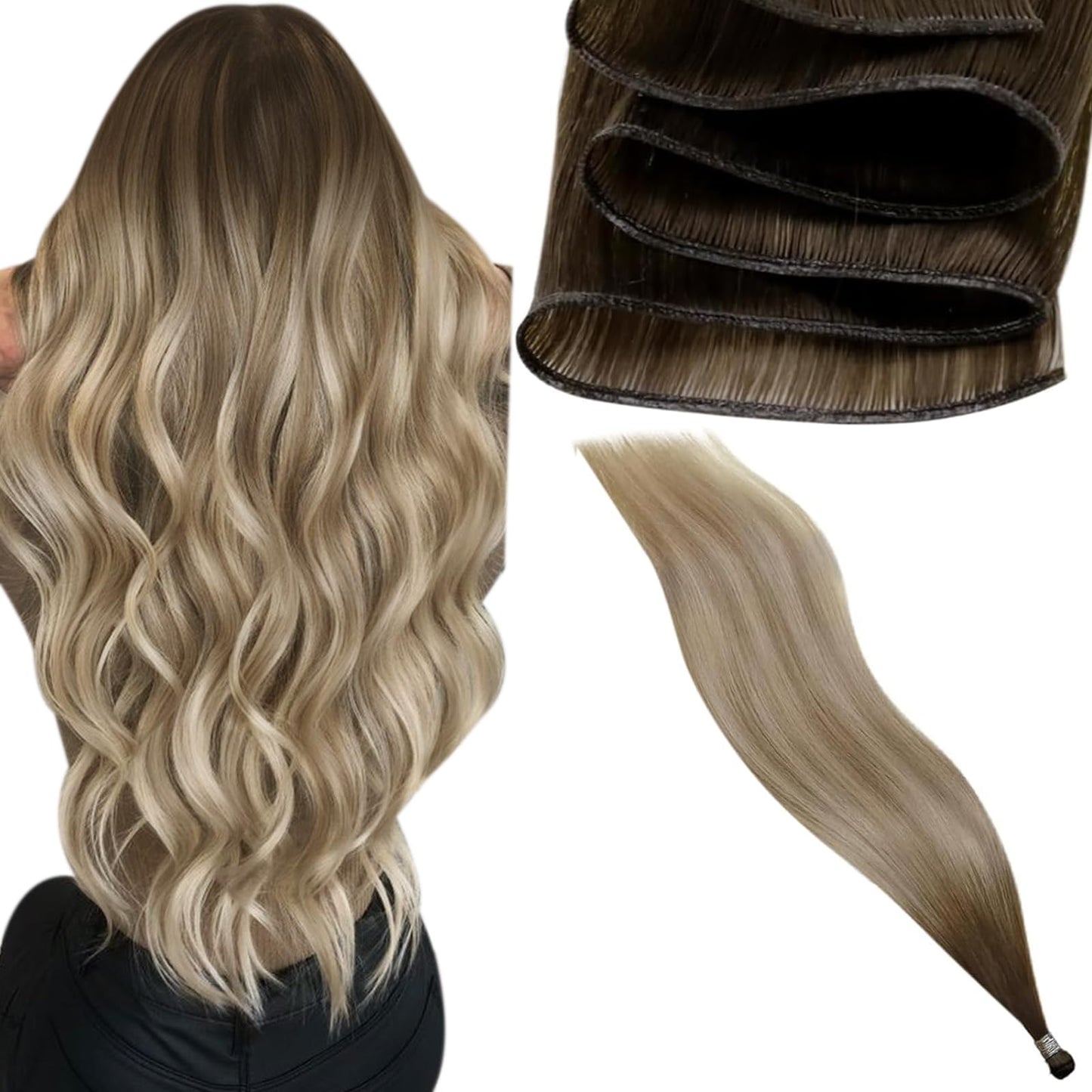 LaaVoo Genius Weft Hair Extensions Human Hair 18 Inch 25g Ombre Dark Brown to Light Brown Mix Blonde Invisible Sew in Human Hair