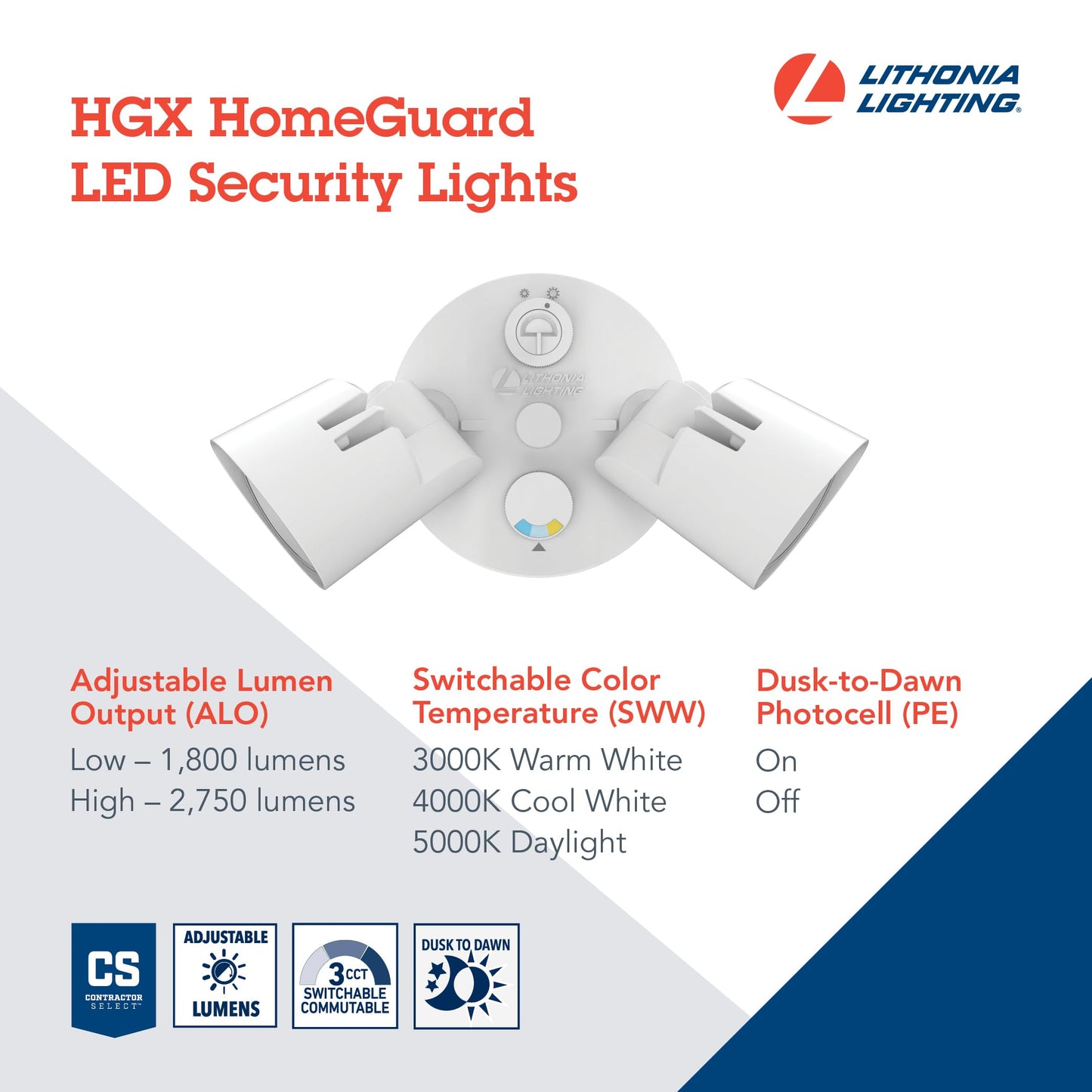 Lithonia Lighting HGX LED Security Flood Light, 1800-2750 Lumens, 2-Light, Photocell Sensor, Aluminum, White