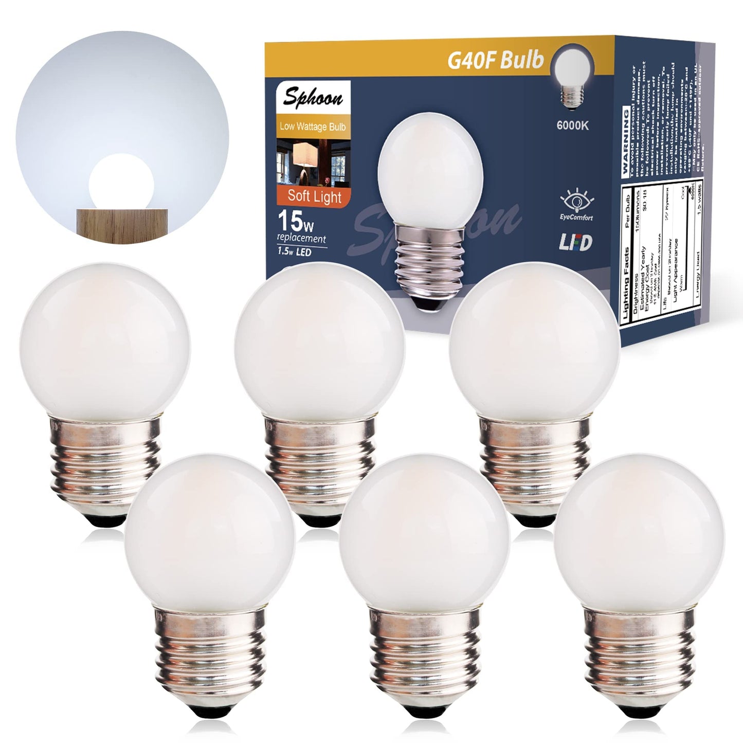 Sphoon Globe LED Bulbs 1.5W Equivalent Soft White 6000K Frosted G40, 6 Count, E26 Base, Low Lumens for Home Decor