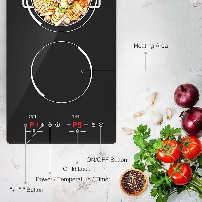 Double Induction Cooktop,110V 2 Burner Induction Cooktop,2300W Electric Stove Top with Independent Control, Ultrathin Body, 9 Temperature, Multiple Power Levels, 2 Hour Timer, Safety Lock