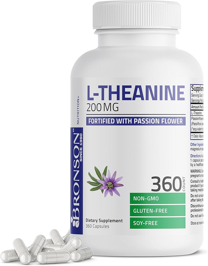 Bronson L-Theanine 200mg (Double-Strength) with Passion Flower Herb, Non-GMO Gluten-Free Soy-Free Stress Management Supplement, 360 Capsules