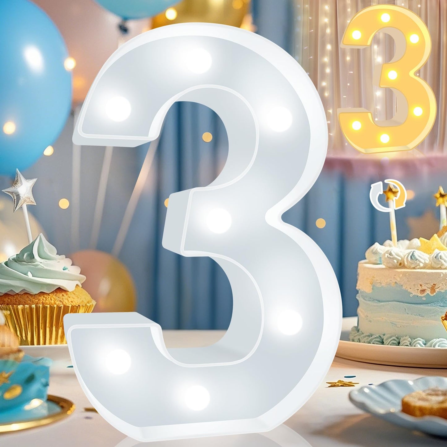 Pooqla LED Light Up Number 3, Warm White & Cool White Decorative Marquee, Plastic Night Light for Party & Room Decor