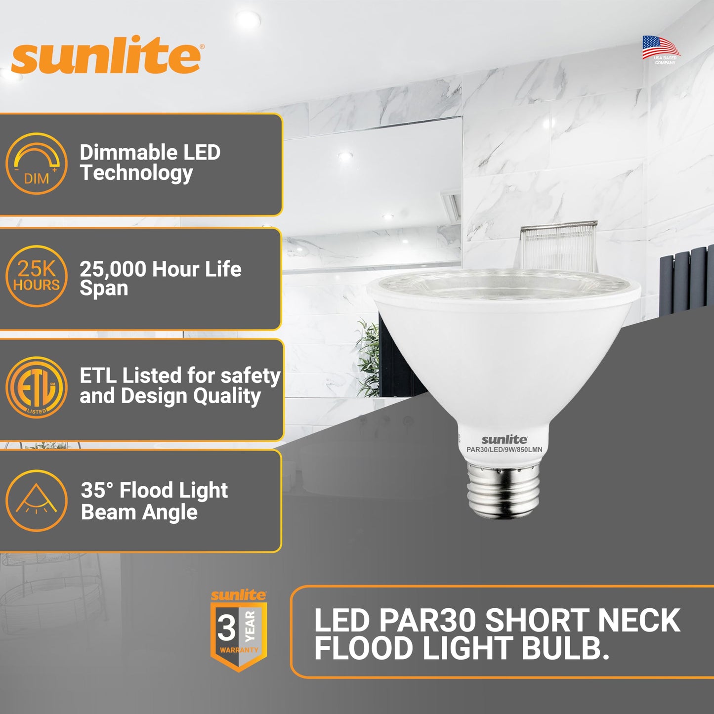 Sunlite LED PAR30 Short Neck Flood Light Bulb, 9W (75W Equivalent), 850 Lumens, Dimmable, 5000K Daylight, 6 Count, ET