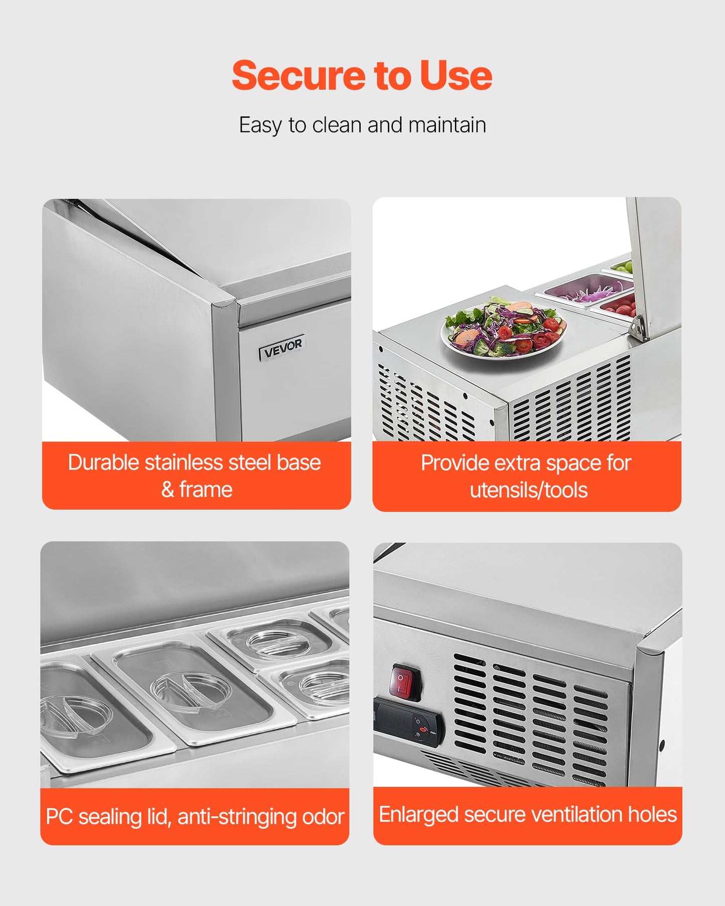VEVOR Refrigerated Condiment Prep Station, 130 W Countertop Refrigerated Condiment Station, with Two 1/3 Pans & Four 1/6 Pans, 304 Stainless Body and PC Lid, Sandwich Prep Table with Stainless Guard