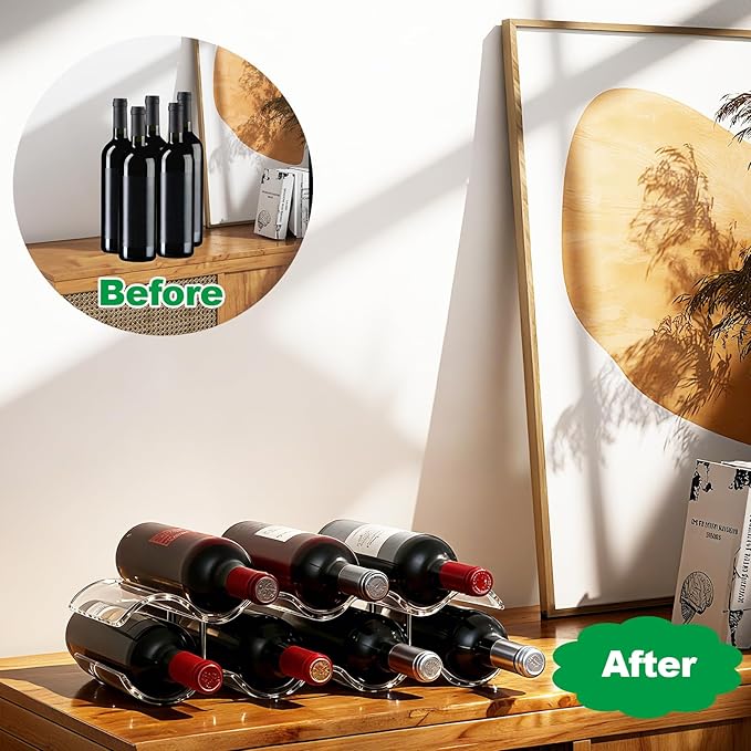 Wine Rack Countertop, Wine Rack for Inside Cabinet, Acrylic Wine Holder, Wavy Wine Bottle Holder for Cabinet Pantry Home Kitchen (2 Tiers - 7 Bottles)