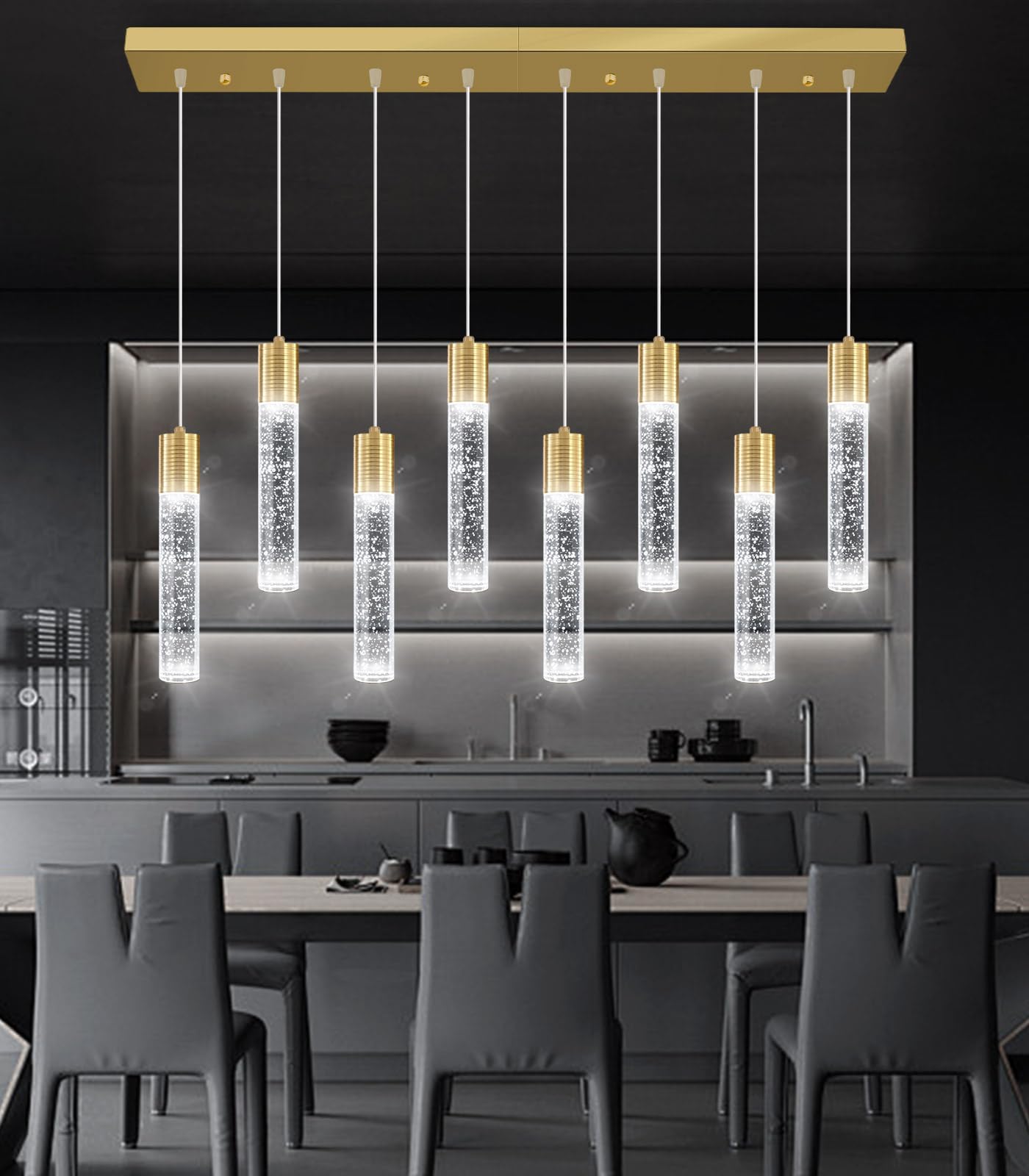 Dolria 8-Lights Modern Crystal Chandeliers For Kitchen Island Pendants Lighting Fixture For Dining Room Led Ceiling Light For Hallway Foyer 6000K Sliver