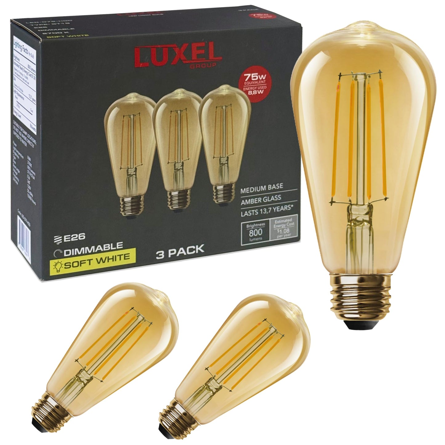 Vintage Led Edison Bulbs St19 (St64) - 8.8W Equivalent 75W - Dimmable High Brightness Soft White 2700K Antique Led Filament Bulbs - 800 Lumens - E26 Medium Base - 3Pk (Amber Glass)