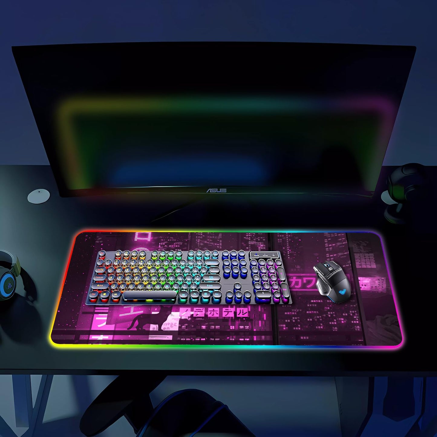 Armanza RGB Gaming Mouse Pad, Large Mousepad with Led Light, Gaming Accessories Keyboard Pad for Desk, Non-Slip Rubber Base Big Mouse Mat for Gamer, 31.5 X 11.8 Inch, Purple Anime