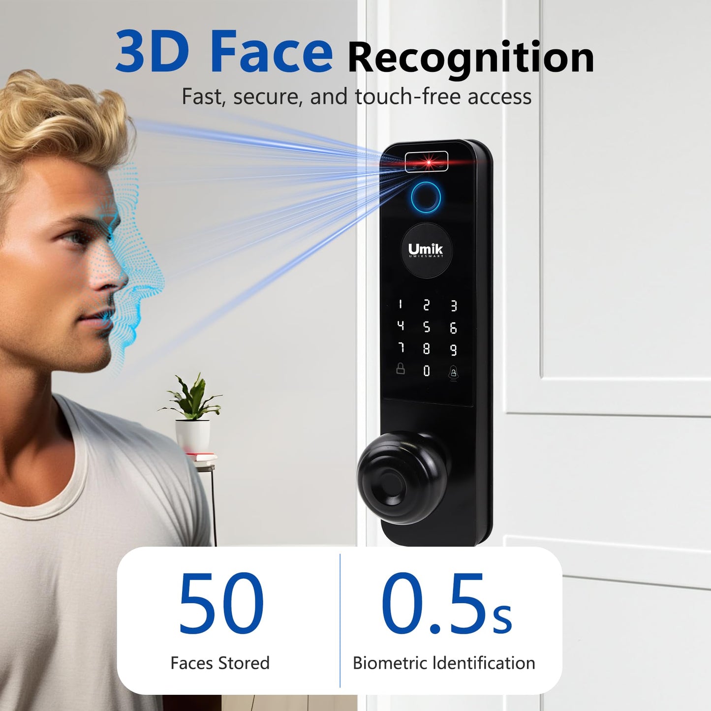 UMIK UMIKSMART 3D Face Recognition Smart Door Lock, Video Smart Lock with Camera&Doorbell, 6-in-1 Keyless Entry Door Lock for Front Door, APP Remote Control (Black)