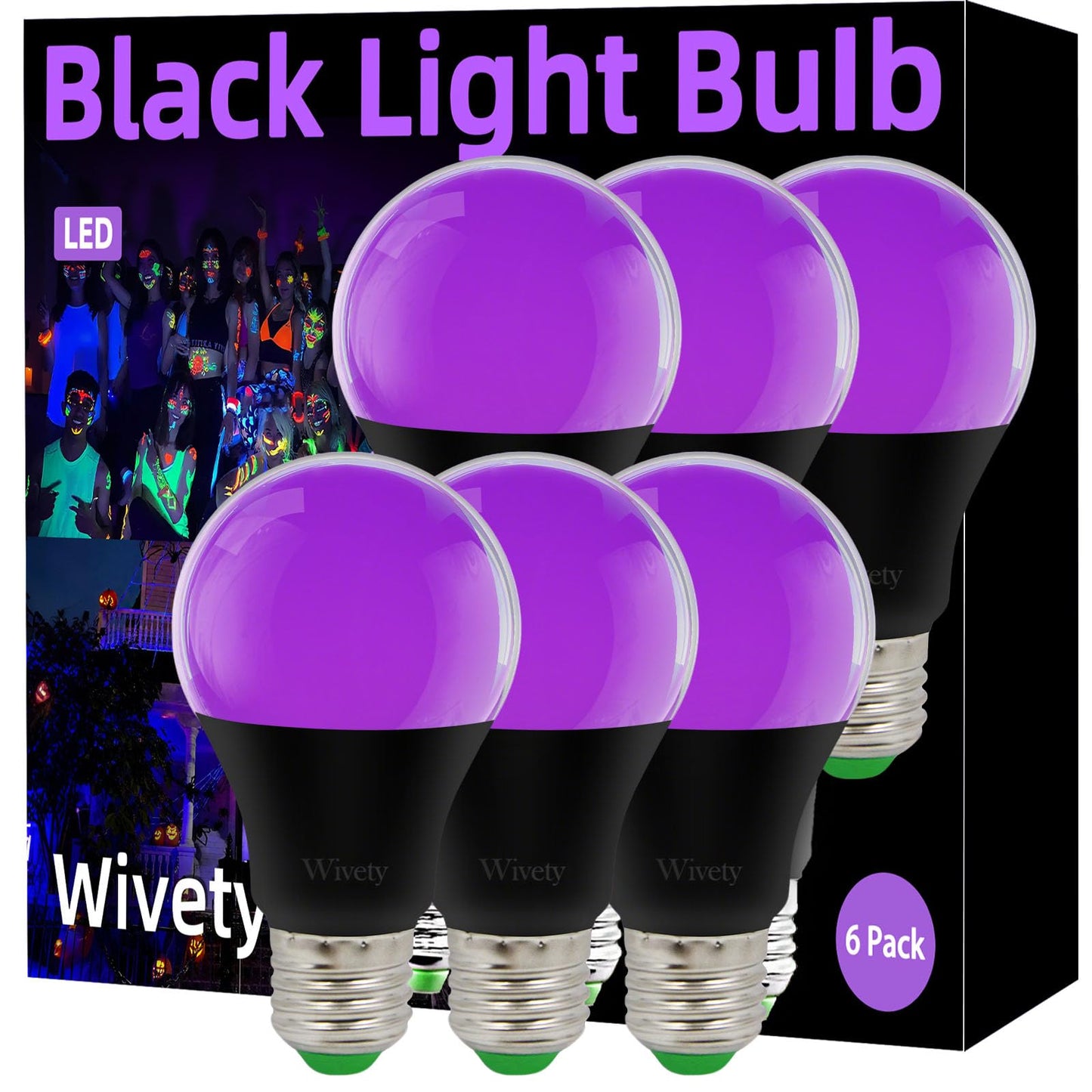 Wivety Black Light Bulb  A19 E26 Base  9W Led Black Light Bulbs For Outdoor Porch  Indoor Party Decoration  Holiday Lighting  Halloween Light Bulbs  Christmas Decoration(6 Packs)
