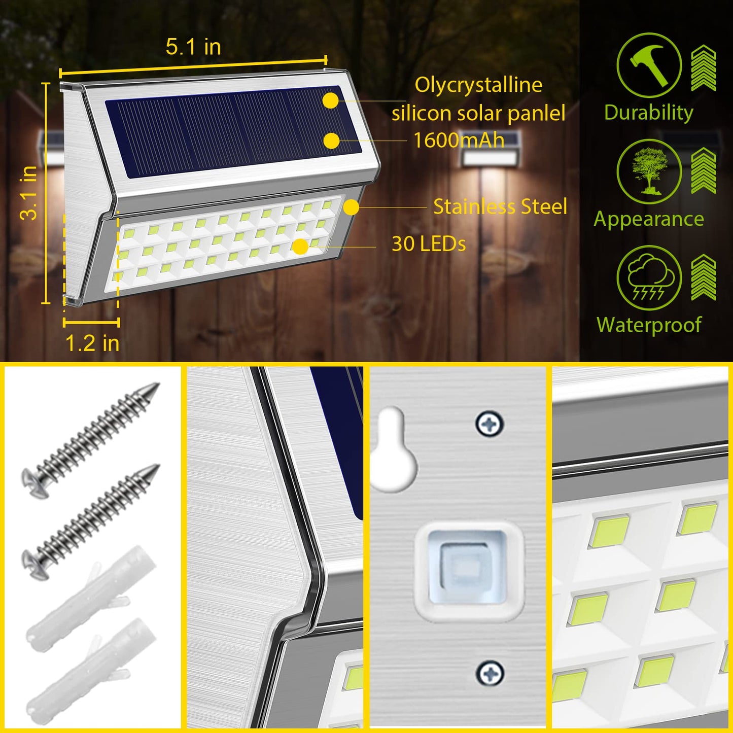 ROSHWEY Solar Deck Lights - 6 Pack, 30 LED, Waterproof, Cool White Light for Outdoor Stair, Fence, Patio, Step, Pool, Yard, Walkway