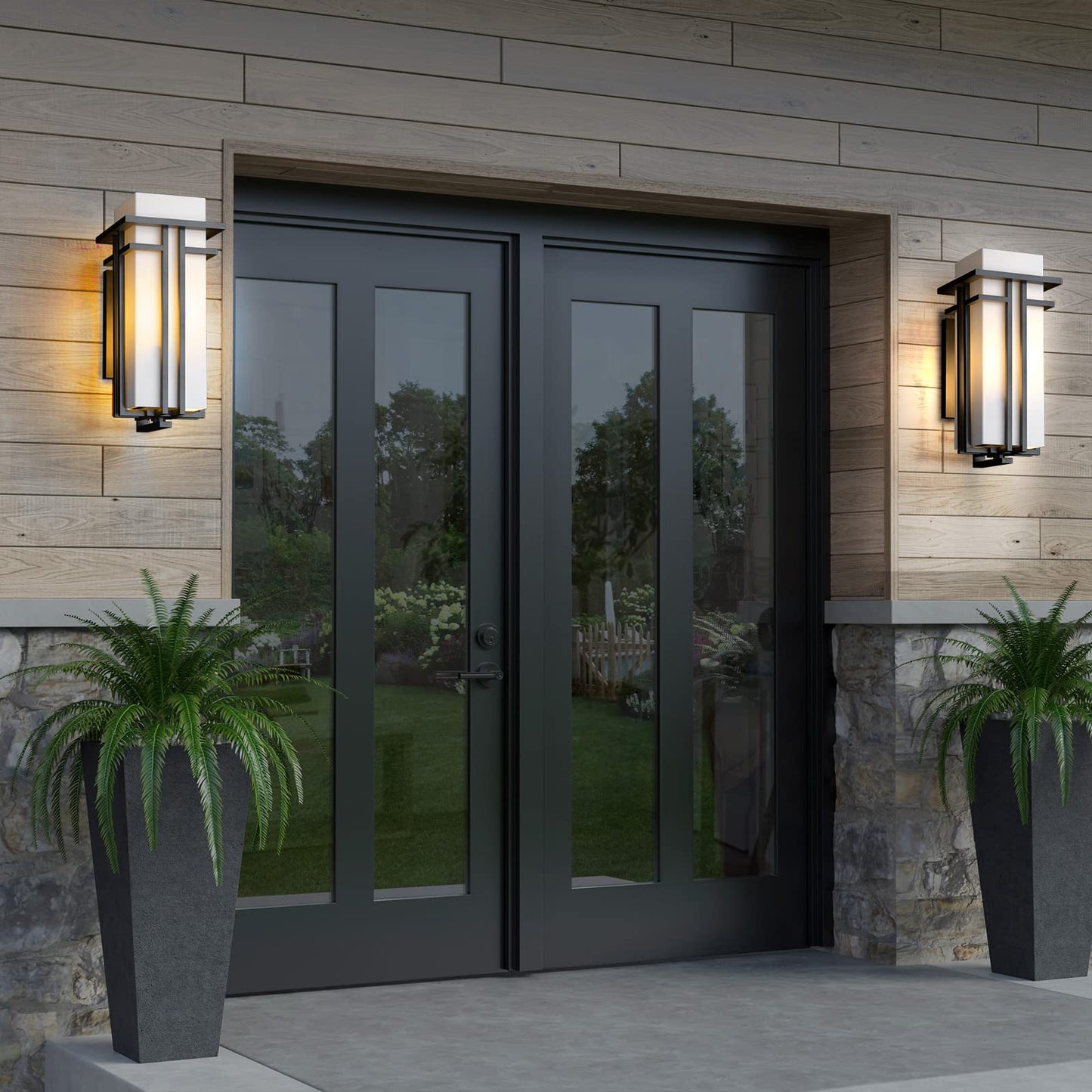 Yoenecea Outdoor Wall Lights, 17H Aluminum & Frosted Glass Lantern, Black, Model Yx-Bd01, Modern Design For Porch, Garage, Patio