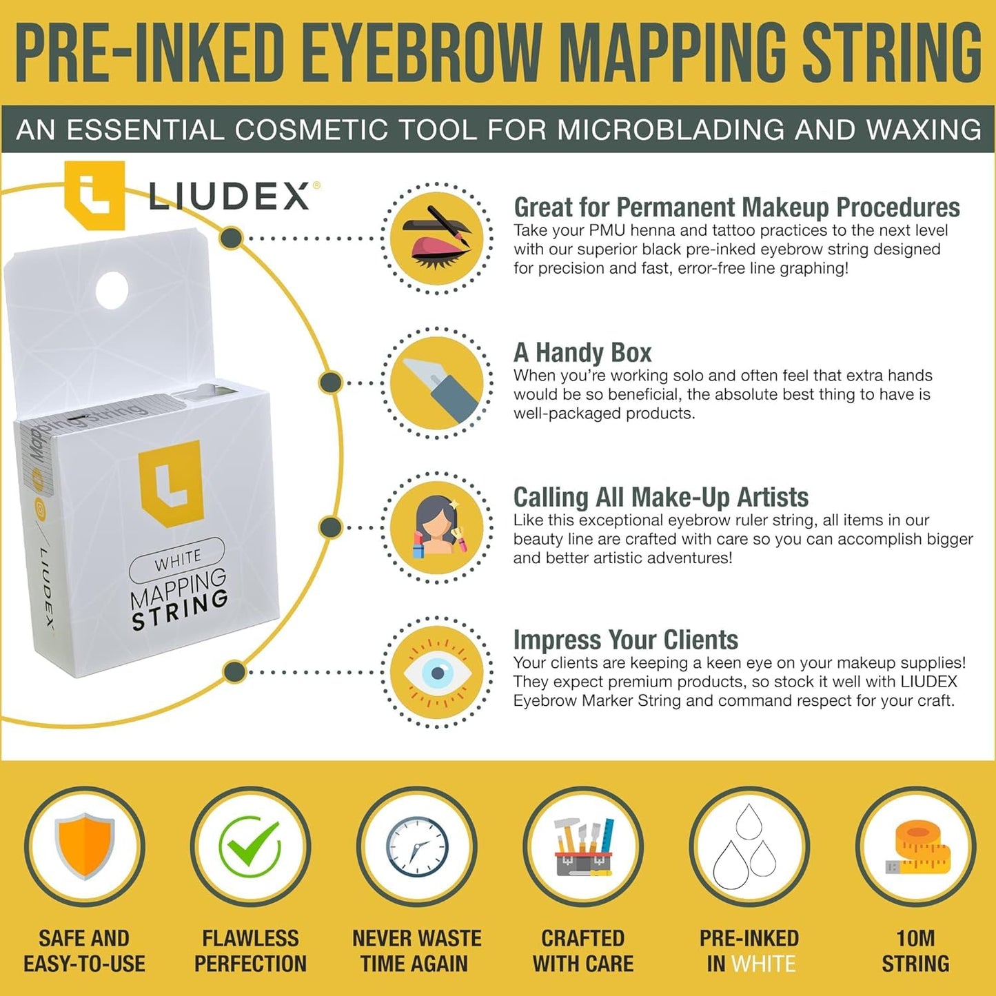 LIUDEX - Pre-Inked White Ink - Eyebrow Mapping String - an Essential Cosmetic Tool for Microblading and Waxing; Effective and Ea