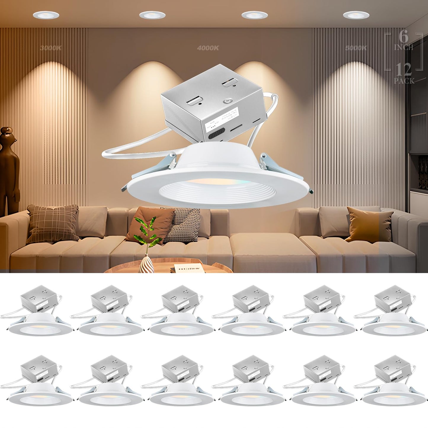 Lightdot 6in LED Recessed Light 12W 1200LM Dimmable IC & Damp Rated 5/6 Inch Downlight 3000K/4000K/500