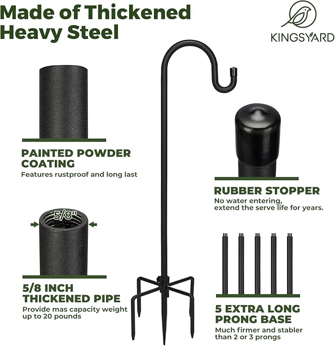 Kingsyard Adjustable Shepherd Hooks for Outdoor - 60 INCH Heavy Duty Bird Feeder Pole with 5 Prong Base, Hummingbird Feeder Stand, Garden Plant Baskets, Weddings Decor, Solar Light Lanterns