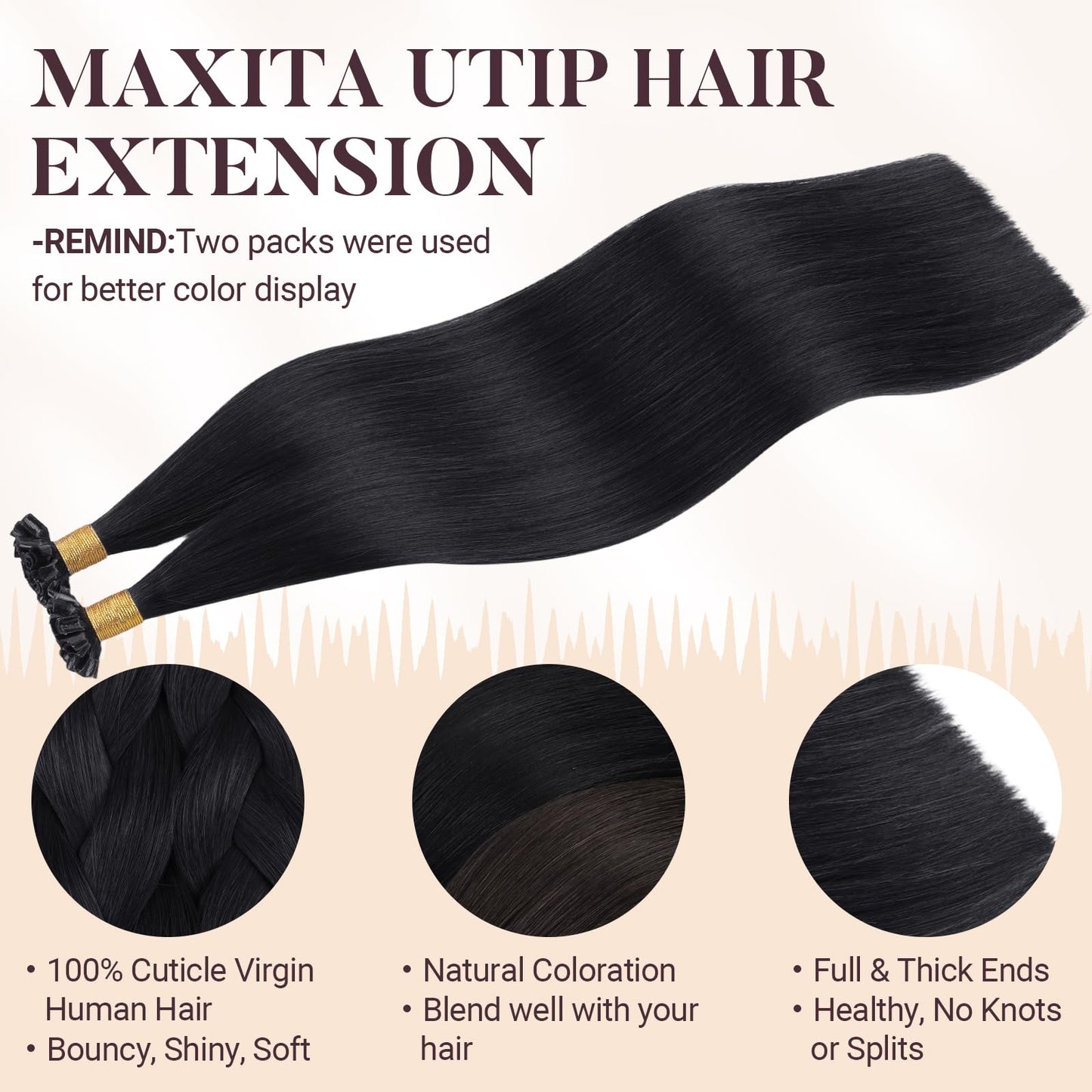 MAXITA U Tip Hair Extensions Human Hair, Jet Black Hair Extensions Real Human Hair, 50g/50 Strands/Pack, 16 In Virgin Human Hair