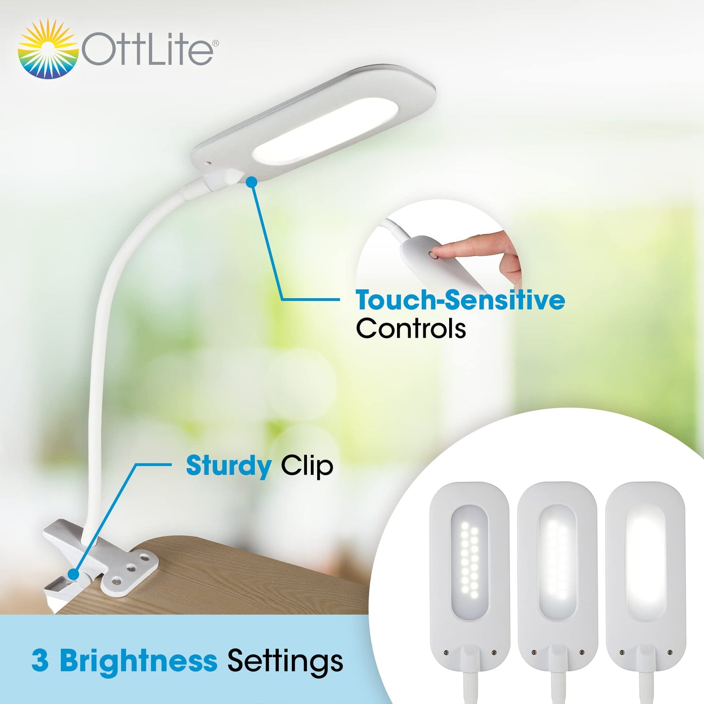 Ottlite Clip Lamp - Dimmable & Flexible Led Light, Small, White, Model Csr7500C-Shpr, Travel-Friendly Reading Lamp