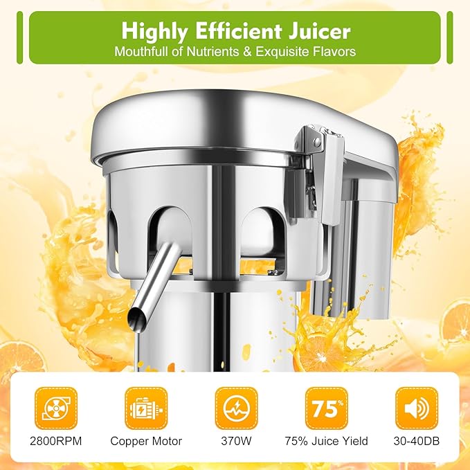 370W Juice Extractor with Auto Pulp Separation, 2800RPM High-Yield Juicer for Fruits & Vegetables – Low Noise, Dishwasher-Safe Parts, Silver Aluminum Body