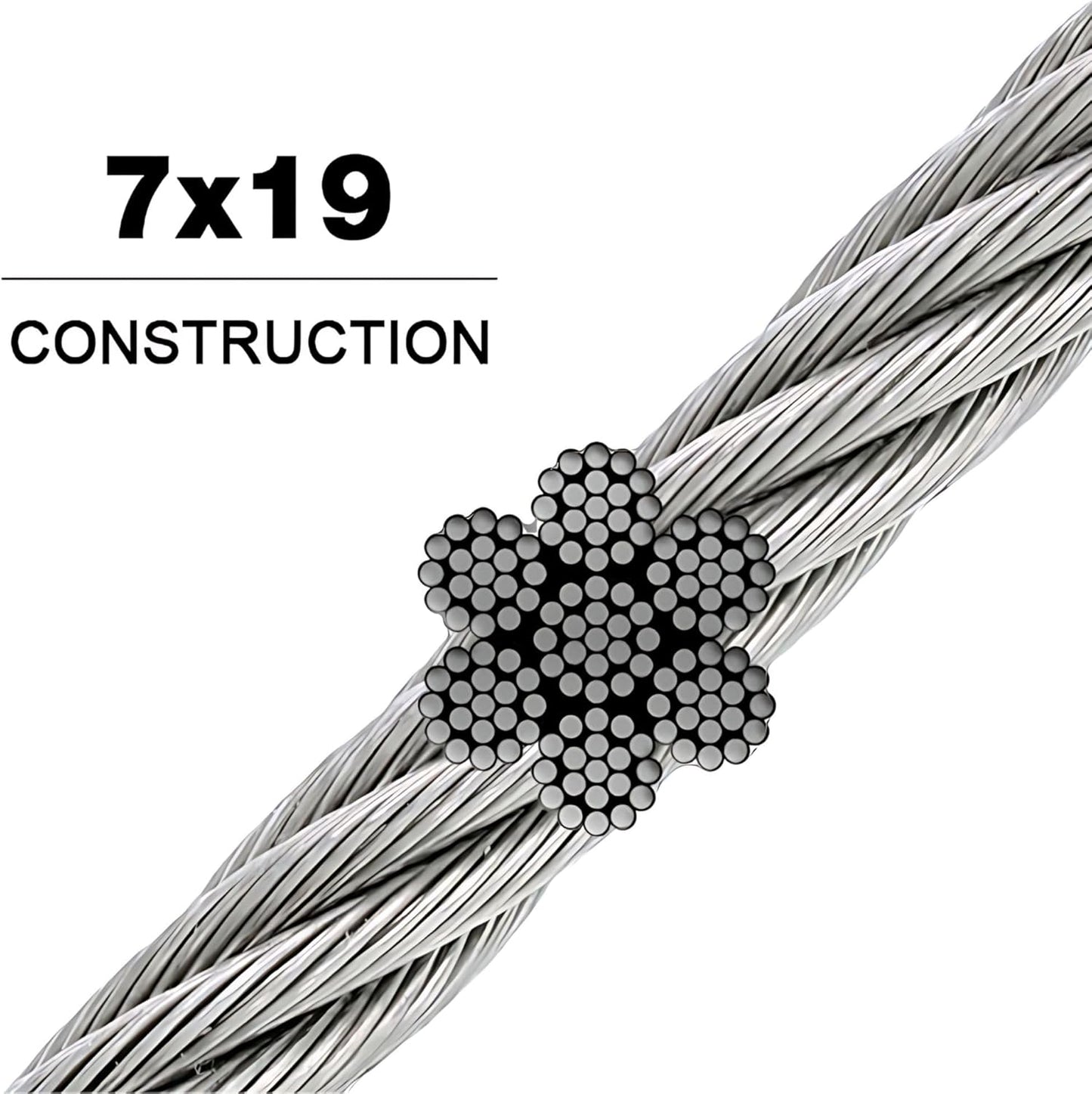 304 Stainless Steel Cable Wire Rope 3/8" 7x19-50 ft Coil for DIY Cable Decking Railing System, Marine Grade