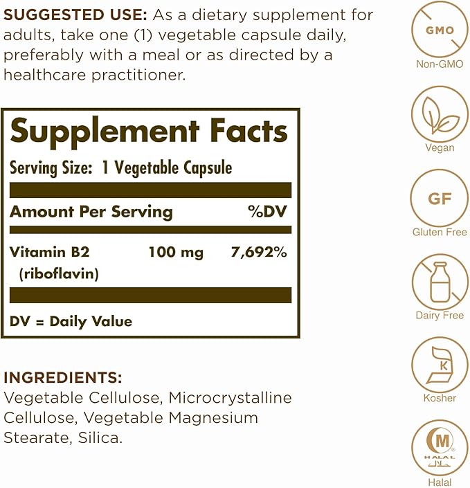 Solgar Vitamin B2 (Riboflavin) 100mg, 100 Vegetable Capsules - Energy Metabolism, Healthy Nervous System - Non-GMO, Vegan, Gluten Free, Dairy Free, Kosher, Halal - 100 Servings
